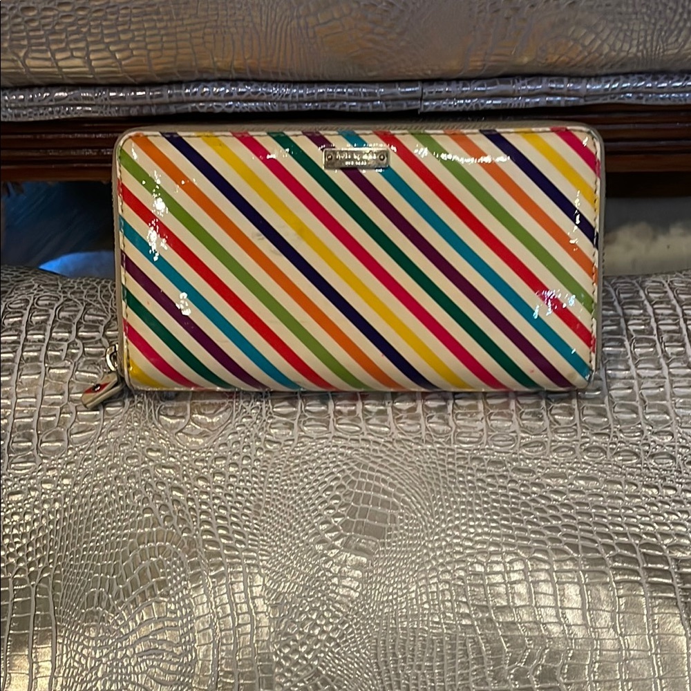 KATE SPADE Rainbow Diagonal Stripe Patent Zip-Around Wallet